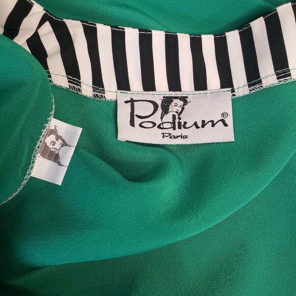 Lux Vintage PODIUM Paris Sheer Deep Green w Black + White Strip Trim Robe - Picture 6 of 12